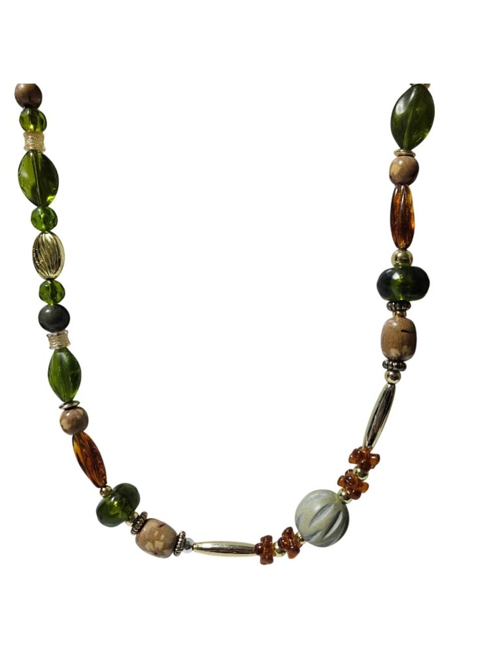 Vintage Beaded Necklace Green Brown Boho Retro 60s 70s Fashion Jewelry Women